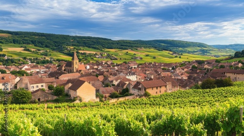 A picturesque village surrounded by lush green vineyards and rolling hills under a blue sky.