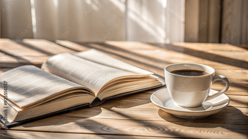 Photorealistic image of an open book on a desk next to a cup of coffee, morning sunlight casting gentle shadows, calm and focused atmosphere, detailed view of pages and text Photorealistic image of an open book on a desk next to a cup of coffee, morning sunlight casting gentle shadows, calm and focused atmosphere, detailed view of pages and text