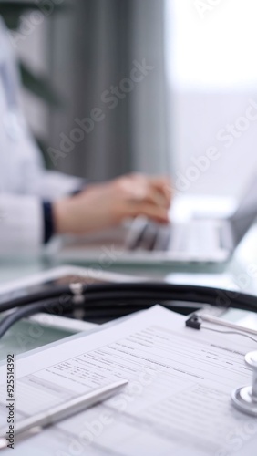 Stethoscope with a medication history record form are on the glass table. Doctor woman is working with laptop computer on the background. Medicine concept