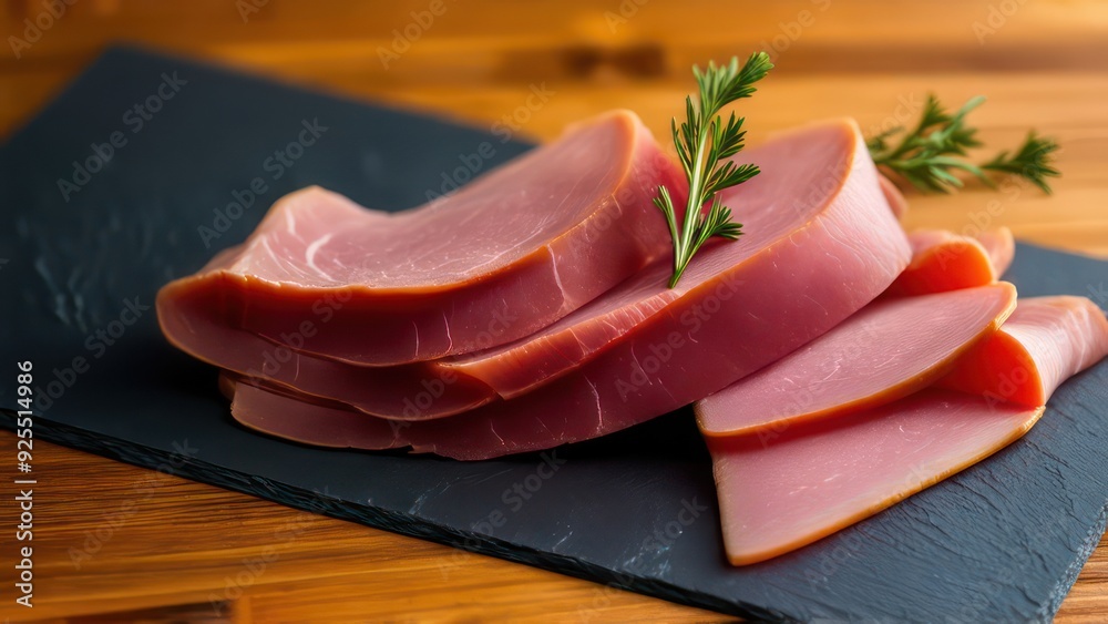 sliced ham and herbs on slate background sliced ham and herbs on slate background