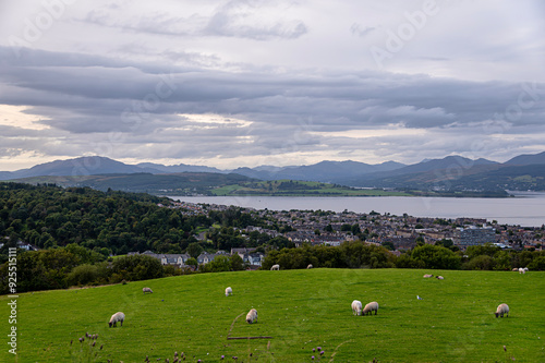 Landscape photography of  town viewpoint, coastal; riverside; sheep, pasture, evening, viewpoint, Scotland; UK; Greenock photo