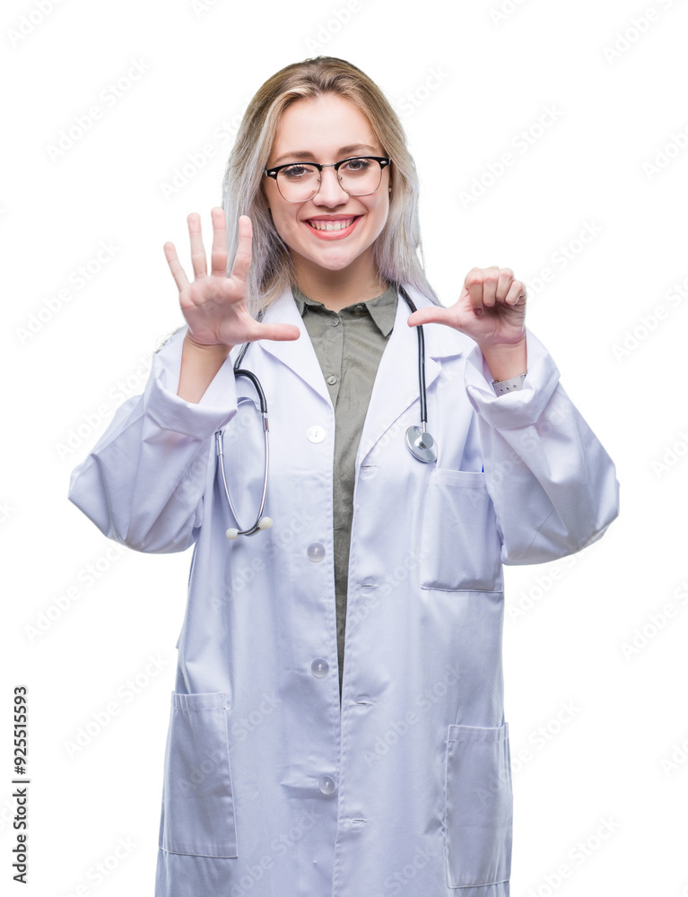 Young blonde doctor woman over isolated background showing and pointing up with fingers number six while smiling confident and happy. Young blonde doctor woman over isolated background showing and pointing up with fingers number six while smiling confident and happy.