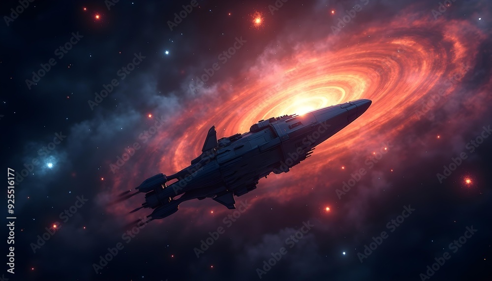 A large spaceship flying through a colorful, nebulous space environment with glowing stars and celestial phenomena in the background A large spaceship flying through a colorful, nebulous space environment with glowing stars and celestial phenomena in the background