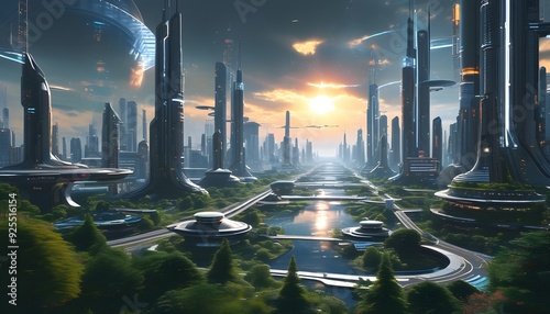 The magnificent landscape of the future city, with skyscrapers and rivers intertwined with light and shadow, shows the perfect integration of technology and nature. photo