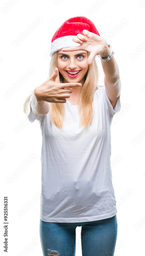 Young beautiful blonde woman christmas hat over isolated background smiling making frame with hands and fingers with happy face. Creativity and photography concept. Young beautiful blonde woman christmas hat over isolated background smiling making frame with hands and fingers with happy face. Creativity and photography concept.