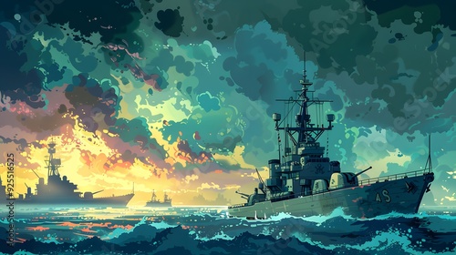 A vibrant digital artwork of a warship docked at a busy port with cranes and cargo ships against a backdrop of stylized clouds.