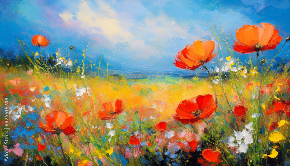 Obraz premium Oil painting of beautiful wild flowers, blue sky. Colorful brush strokes. Abstract floral