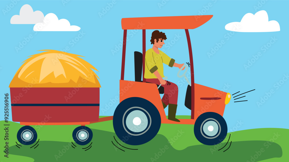 Naklejka premium Man driving a tractor, hauling hay on a sunny day in a vibrant rural landscape.