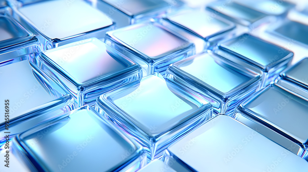 Close-up of blue, reflective, square blocks stacked in a grid pattern. Close-up of blue, reflective, square blocks stacked in a grid pattern.