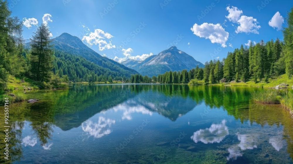 Serene mountain lake with clear water and forest, reflecting the sky and clouds on a sunny day. Serene mountain lake with clear water and forest, reflecting the sky and clouds on a sunny day.