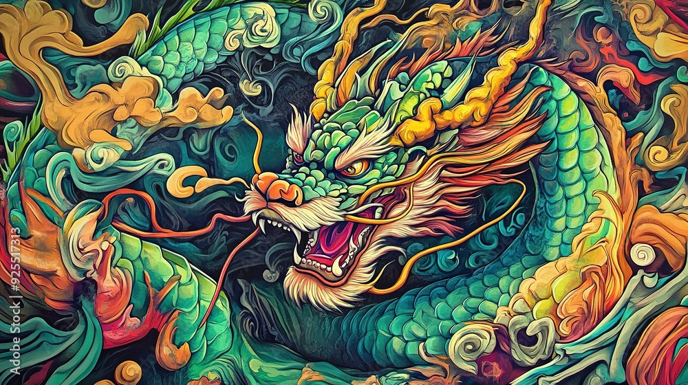 A vibrant dragon surrounded by swirling clouds in a fantastical natural setting