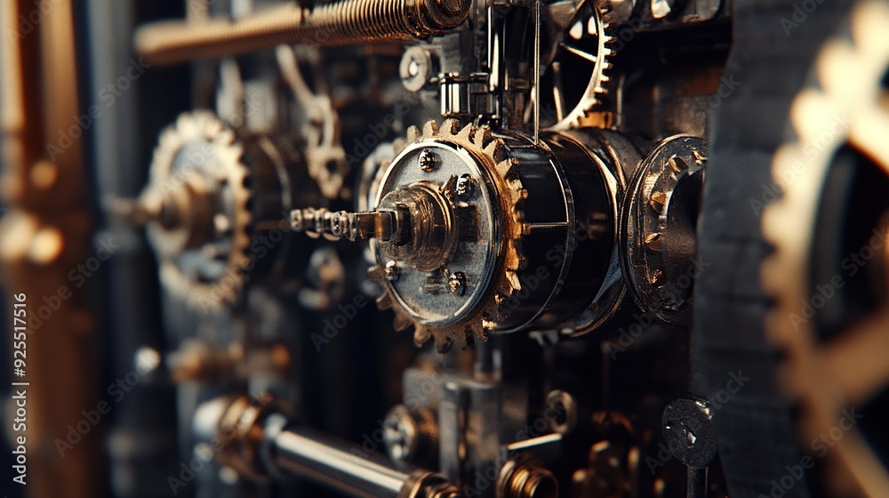 Close-up of intricate brass gears in motion within an antique clock mechanism Close-up of intricate brass gears in motion within an antique clock mechanism