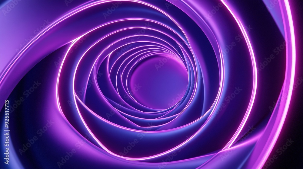 A vibrant purple spiral tunnel illuminated by swirling neon lights A vibrant purple spiral tunnel illuminated by swirling neon lights