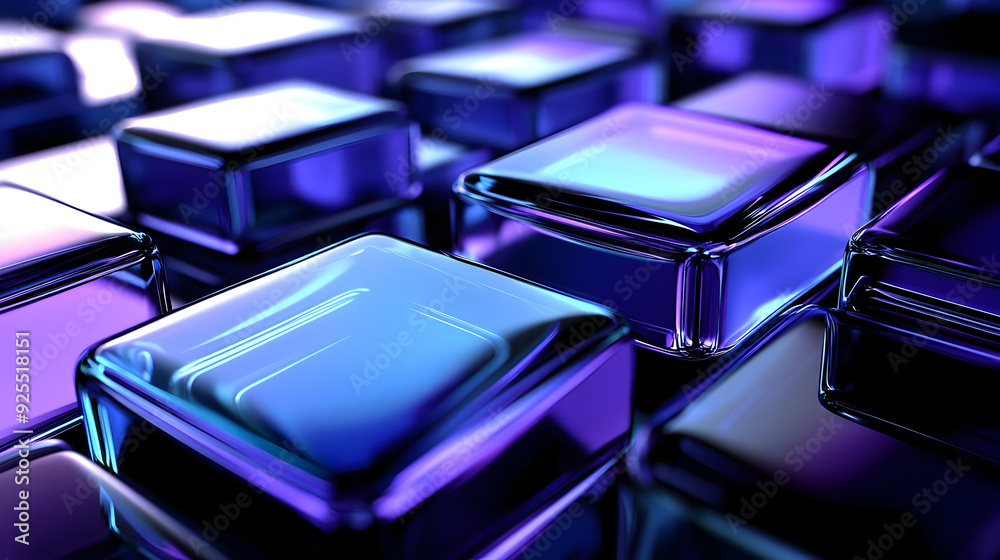 Close-up of Shiny Blue and Purple Glass Cubes.