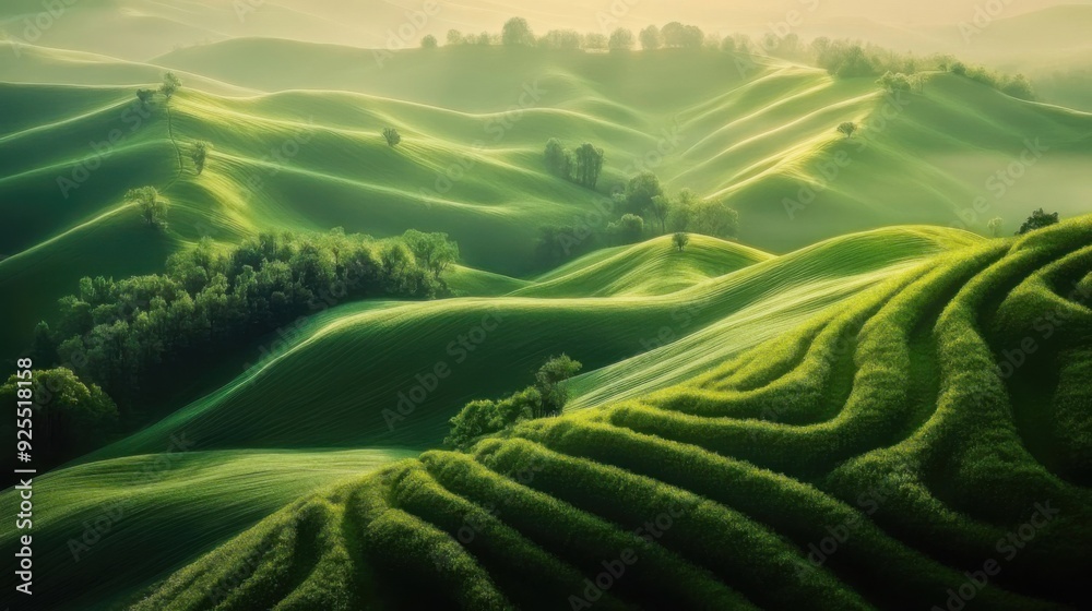 A serene landscape of rolling green hills under soft sunlight, featuring lush vegetation and a tranquil atmosphere.