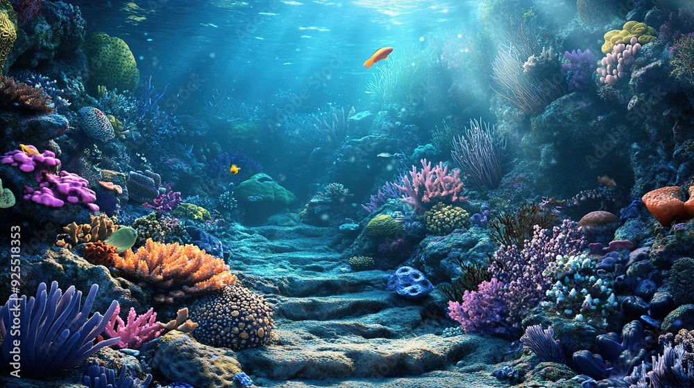 Obraz premium Vibrant coral reef with colorful fish and underwater light rays in a serene ocean environment