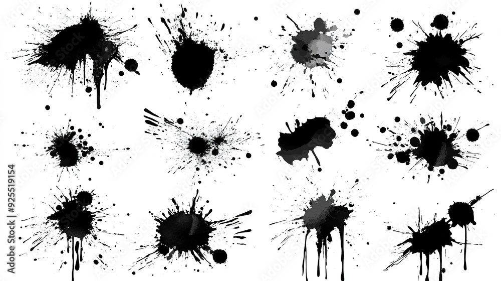 Black ink splatters on a white background arranged in a grid pattern Black ink splatters on a white background arranged in a grid pattern