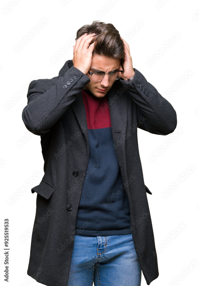 Young handsome elegant man wearing glasses over isolated background suffering from headache desperate and stressed because pain and migraine. Hands on head. Young handsome elegant man wearing glasses over isolated background suffering from headache desperate and stressed because pain and migraine. Hands on head.