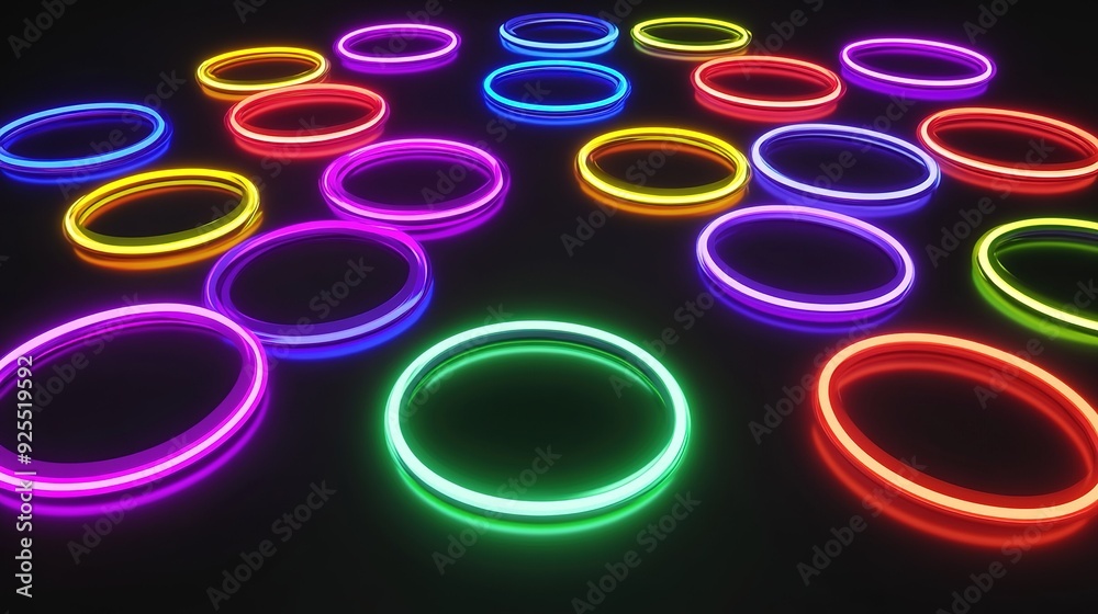 Glowing neon rings scattered on a dark surface during an evening gathering