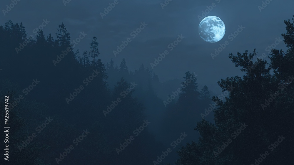 Naklejka premium A full moon illuminating a misty forest at night in serene tranquility