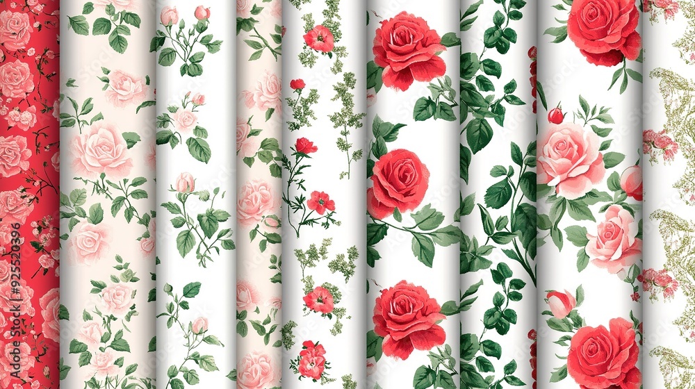 Collection of floral patterns featuring roses on white backgrounds, showcasing various designs and color palettes Collection of floral patterns featuring roses on white backgrounds, showcasing various designs and color palettes