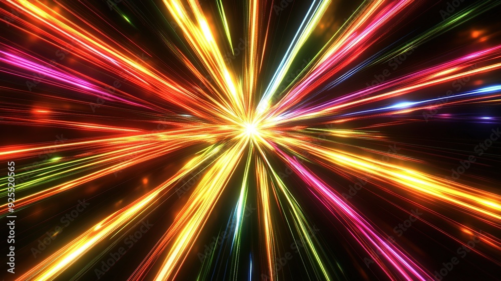 Colorful light burst radiating from the center in a dark space, creating a vibrant display of energy and motion Colorful light burst radiating from the center in a dark space, creating a vibrant display of energy and motion
