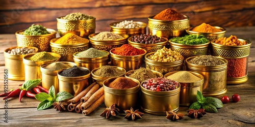 Golden spicery featuring various spices and herbs in golden containers on a wooden table , spices, herbs, aromatic