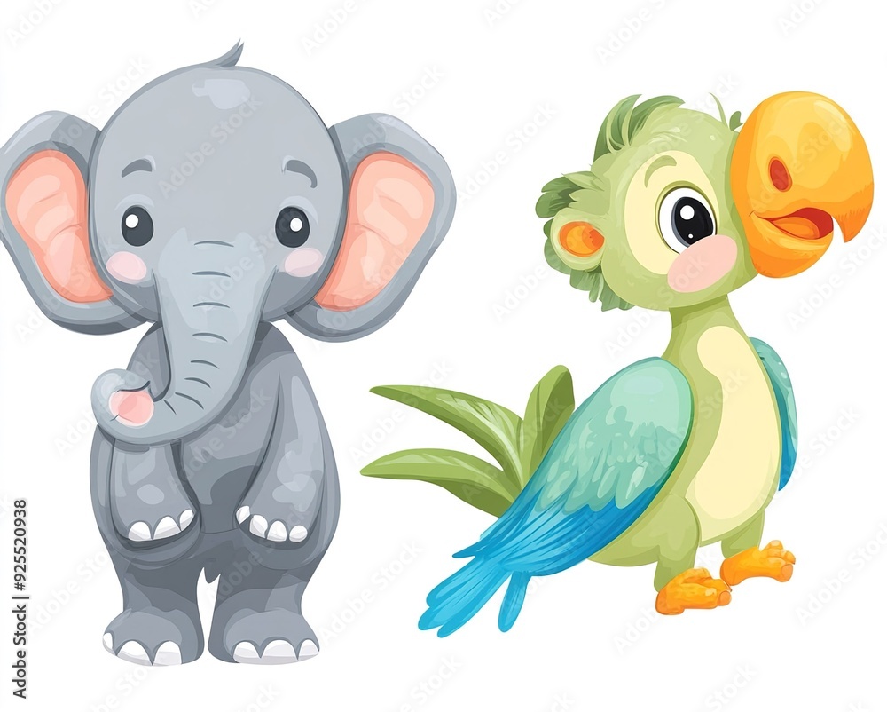 Cute cartoon elephant and parrot in a colorful design suitable for children's materials Cute cartoon elephant and parrot in a colorful design suitable for children's materials