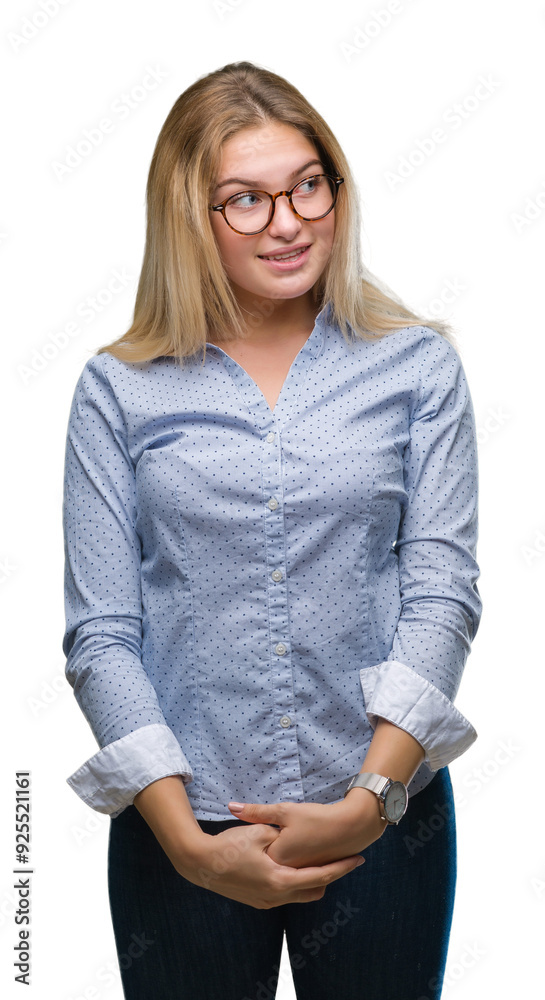 Young caucasian business woman wearing glasses over isolated background looking away to side with smile on face, natural expression. Laughing confident. Young caucasian business woman wearing glasses over isolated background looking away to side with smile on face, natural expression. Laughing confident.
