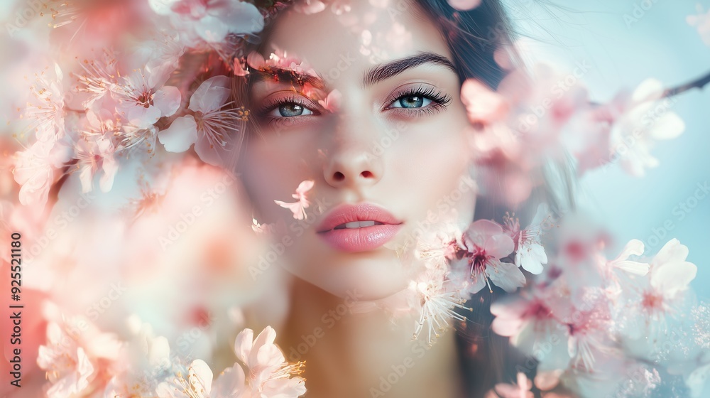 Portrait of a beautiful woman superimposed with flowers. Portrait of a beautiful woman superimposed with flowers.