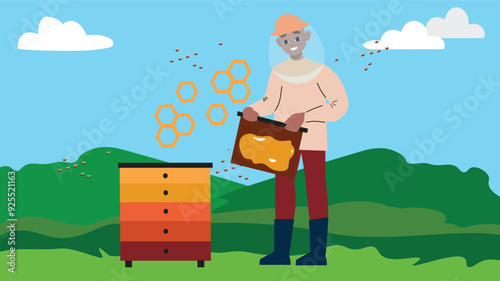 Beekeeper in protective gear handling honeycomb near a beehive in a lush field.

