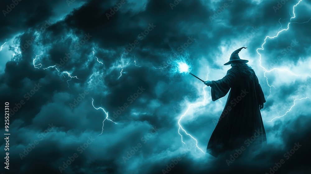 Silhouette of magical wizard with a wand casting a spell Silhouette of magical wizard with a wand casting a spell