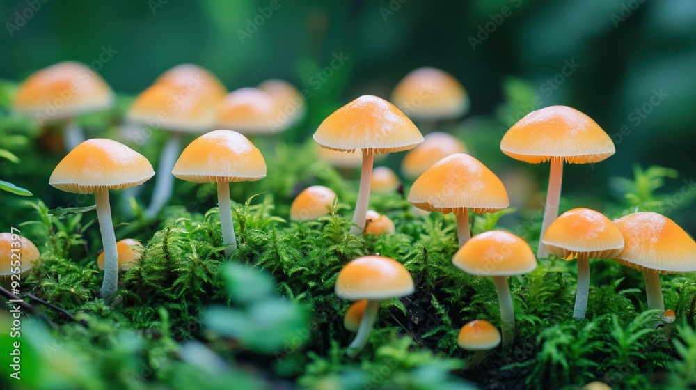Tiny mushroom patch in a forest. Glowing growing fungi. Tiny mushroom patch in a forest. Glowing growing fungi.