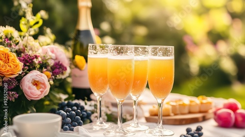 Springtime brunch mimosas table with flowers and decorations.