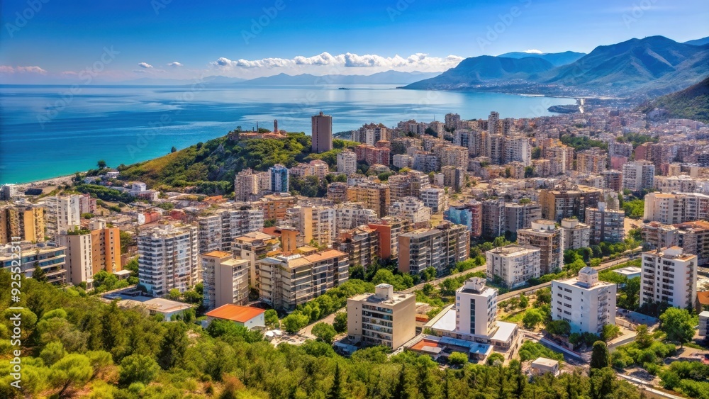 Cityscape of Vlora as seen from hill Kuzum Baba , Albania, Vlora, city, buildings, architecture, hillside, Mediterranean Cityscape of Vlora as seen from hill Kuzum Baba , Albania, Vlora, city, buildings, architecture, hillside, Mediterranean