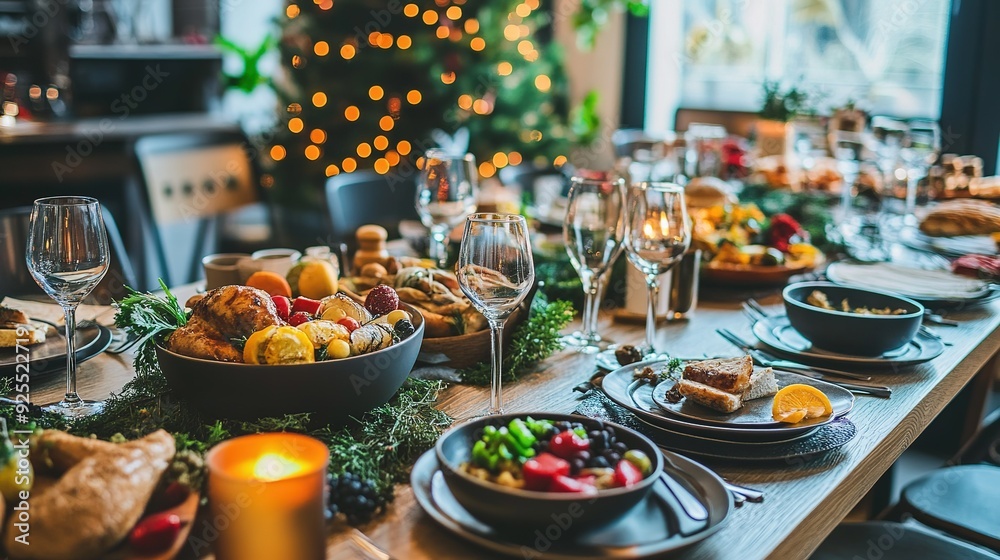 Festive holiday dining setup with a variety of dishes, surrounded by Christmas decorations and lights in a cozy atmosphere Festive holiday dining setup with a variety of dishes, surrounded by Christmas decorations and lights in a cozy atmosphere