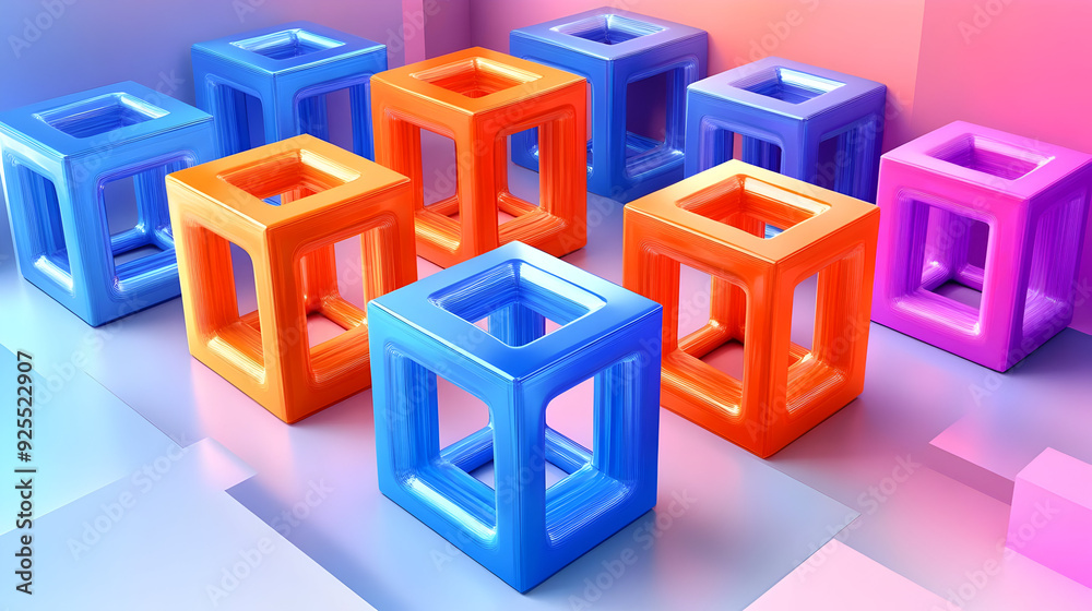 Colorful geometric shapes with a glossy finish, arranged on a pink and blue surface. Colorful geometric shapes with a glossy finish, arranged on a pink and blue surface.