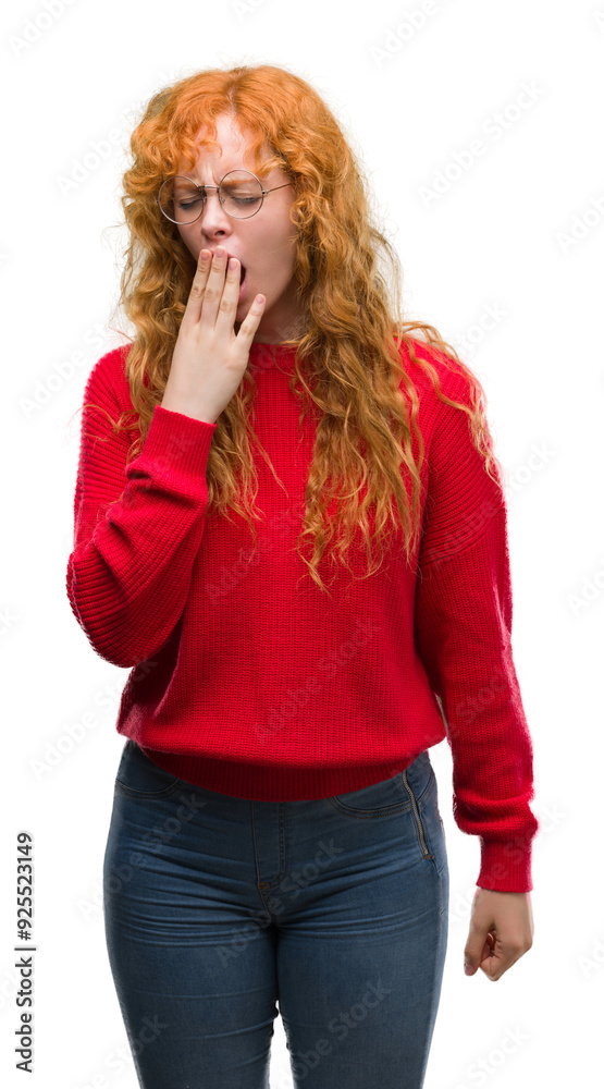 Young redhead woman wearing red sweater bored yawning tired covering mouth with hand. Restless and sleepiness. Young redhead woman wearing red sweater bored yawning tired covering mouth with hand. Restless and sleepiness.