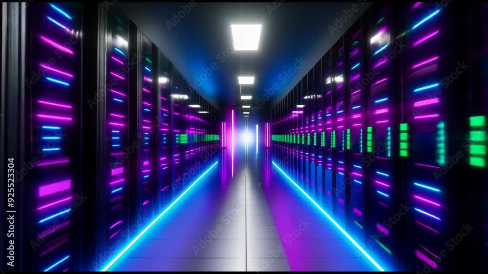 Futuristic server room with glowing neon lights in purple, blue and green showcasing advanced technology and data processing