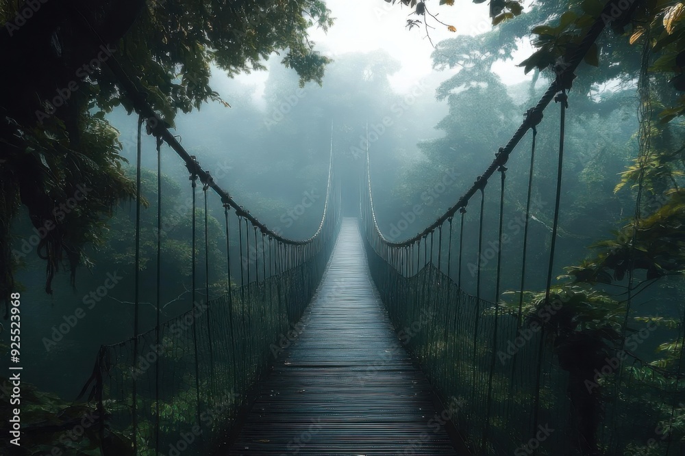 Fototapeta premium A suspension bridge covered in mist stretches through a dense, green forest creating a mystical atmosphere.