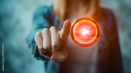 A woman pressing a panic button with a stop sign. Generative ai.