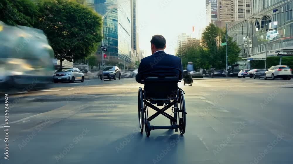 A man navigates a bustling city in a wheelchair, showcasing strength and perseverance as he traverses the lively urban landscape A man navigates a bustling city in a wheelchair, showcasing strength and perseverance as he traverses the lively urban landscape