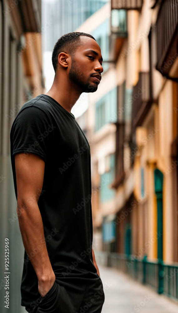 Close-up of a man wearing a plain black t-shirt in an urban environment, perfect for fashion, apparel marketing, or product mockups, highlighting simplicity and versatility in modern branding.