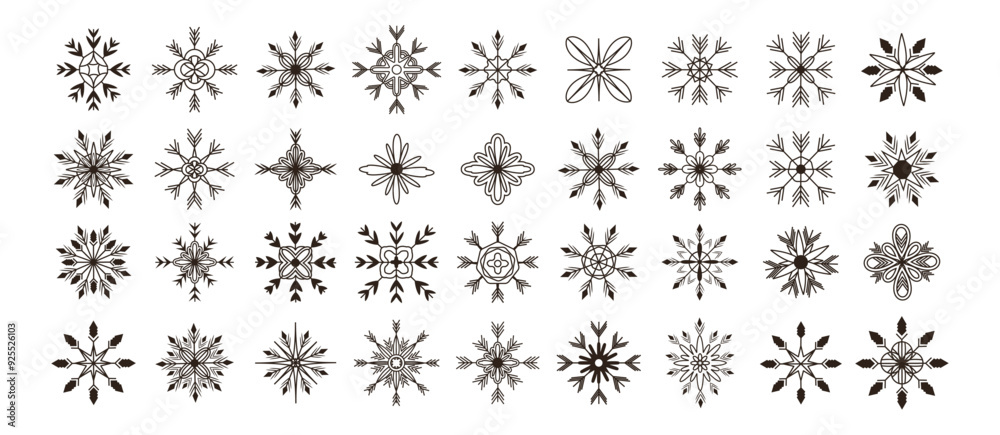 Set of snowflakes in line art style. Line. New Year and holiday. Stroke. Vector illustration. Xmas. Sparks and glows. Shapes and elements. Ornament and pattern. Template. Isolated.