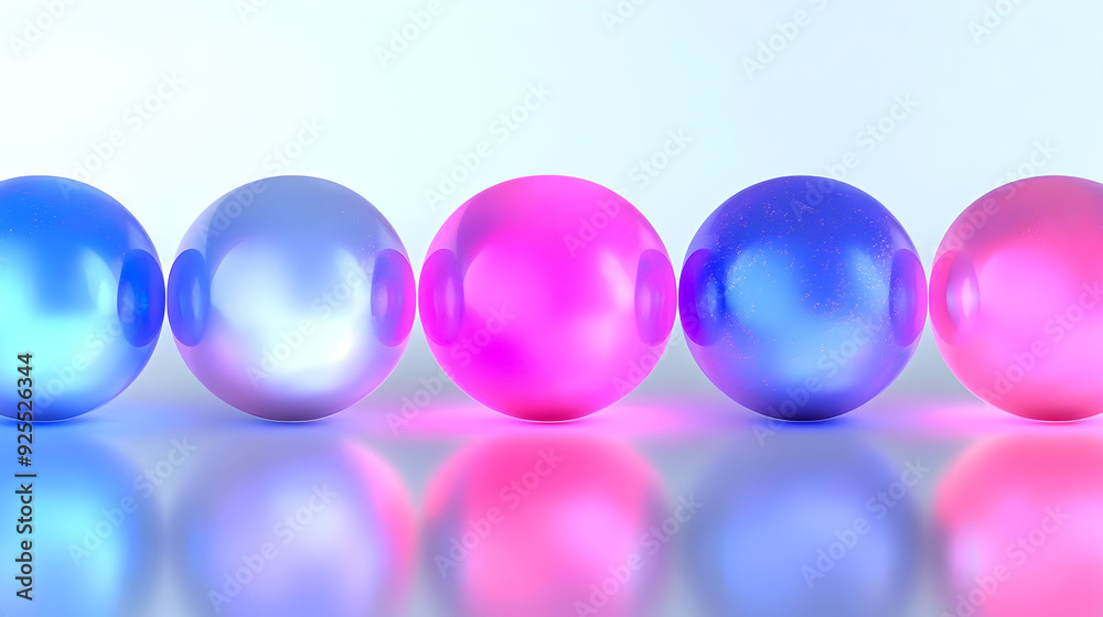 Five shiny spheres, blue, pink and purple, reflected on white surface. Five shiny spheres, blue, pink and purple, reflected on white surface.