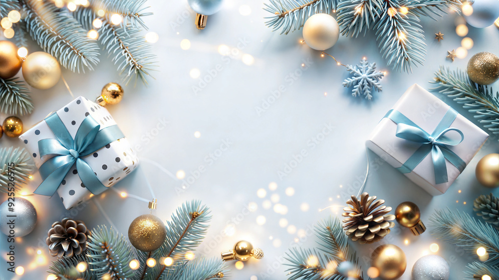 Christmas and New Year background with fir branches, gift boxes and snowflakes. Flat lay, top view. Christmas and New Year background with fir branches, gift boxes and snowflakes. Flat lay, top view.