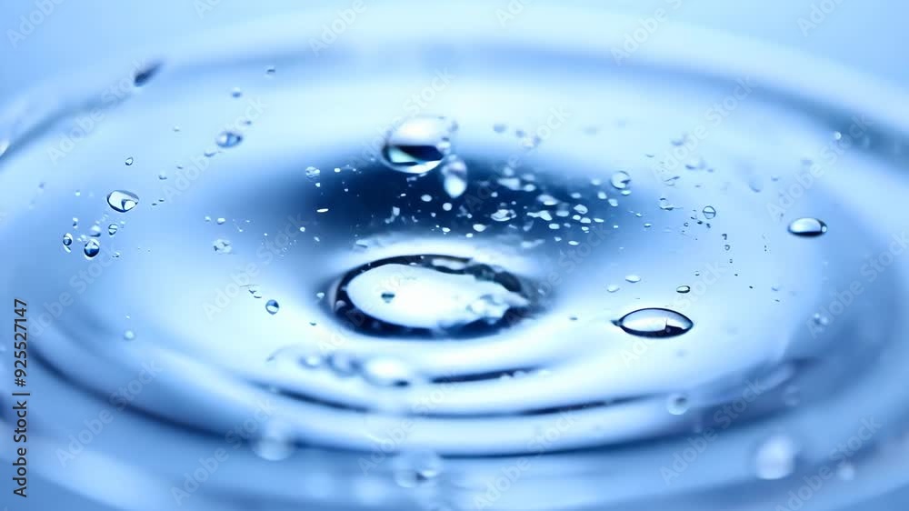 A peaceful droplet plunges into calm blue water, creating ripples and reflecting the gentle light of dusk A peaceful droplet plunges into calm blue water, creating ripples and reflecting the gentle light of dusk