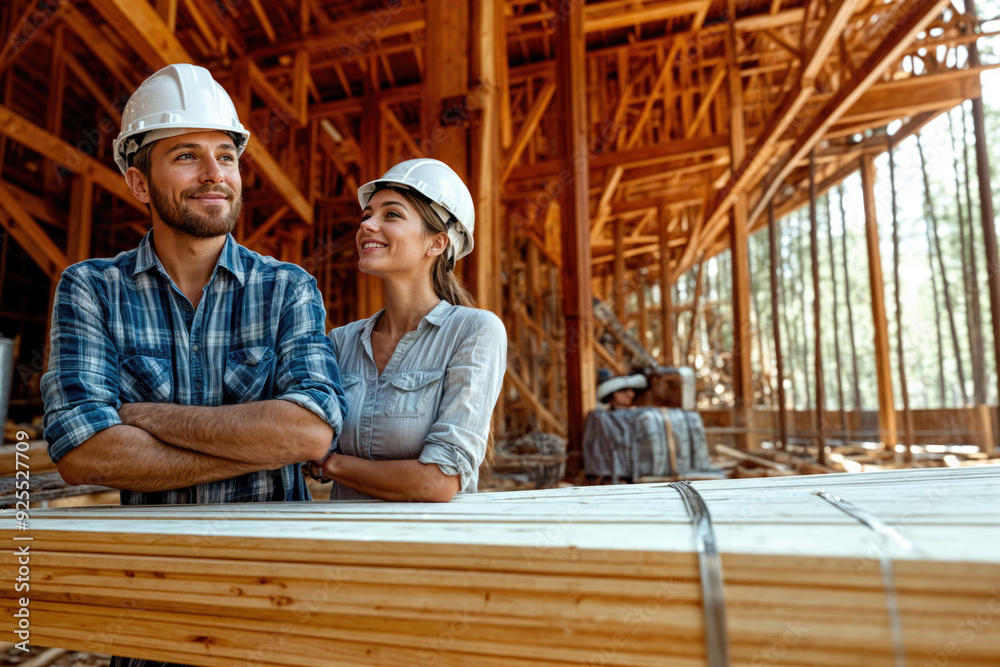 Architects looking up while standing near lumber pile in building under construction