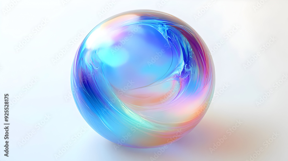 Iridescent sphere with blue and pink swirls on a white background. Iridescent sphere with blue and pink swirls on a white background.