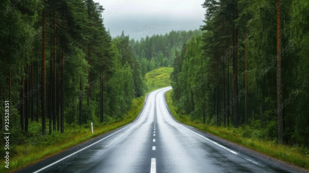 A wet, winding road cutting through a dense, lush green forest under a cloudy sky. A wet, winding road cutting through a dense, lush green forest under a cloudy sky.